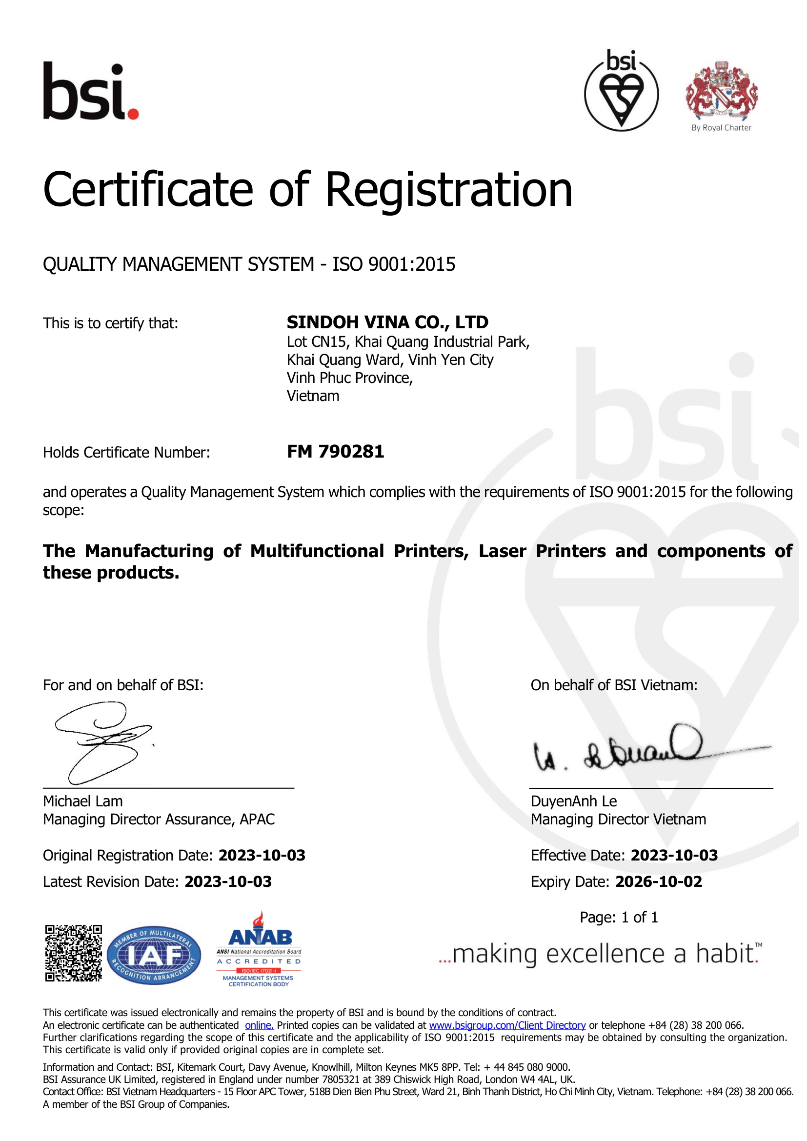 ISO 9001 Sindoh VINA